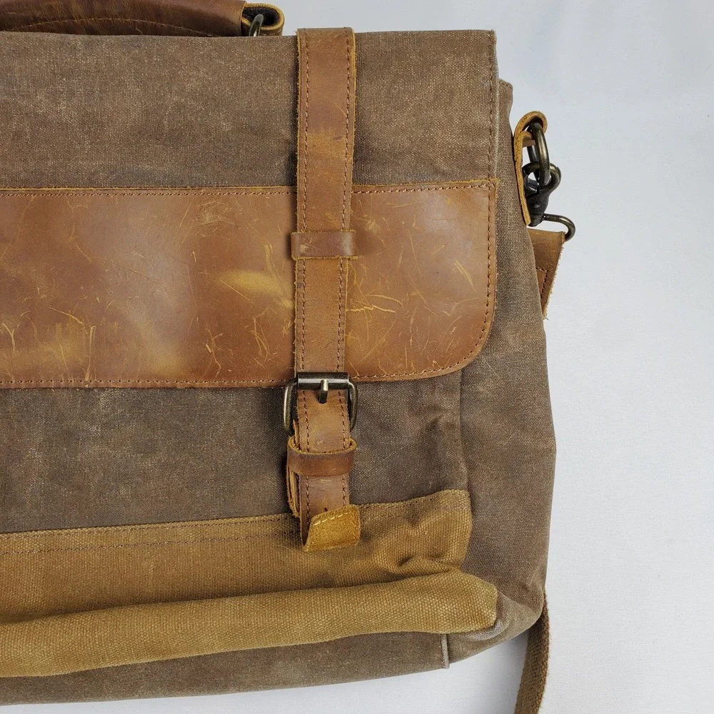 NEWHEY Messenger Laptop Bag Waterproof Canvas Leather Nubuck Brown Beeswax